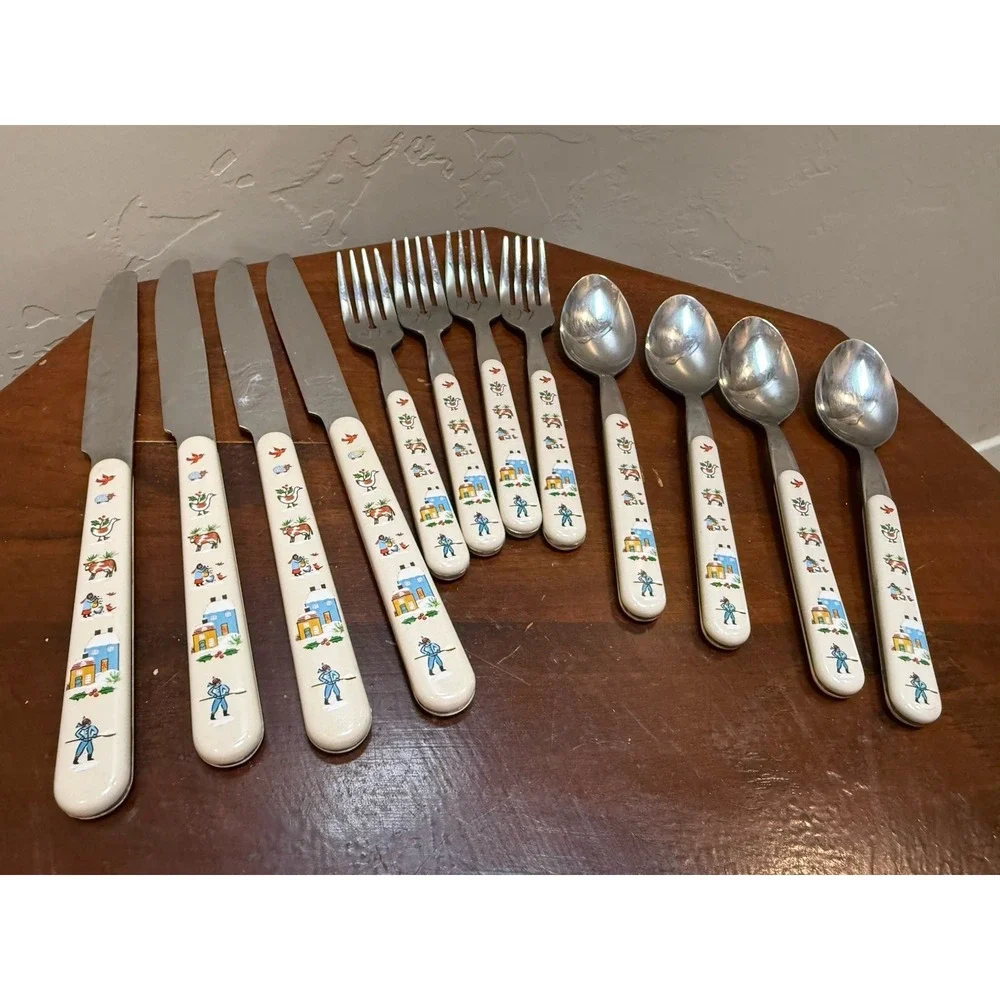 Vintage International Silver Heartland 12 Pc Flatware Set Japan Folk Art Farm